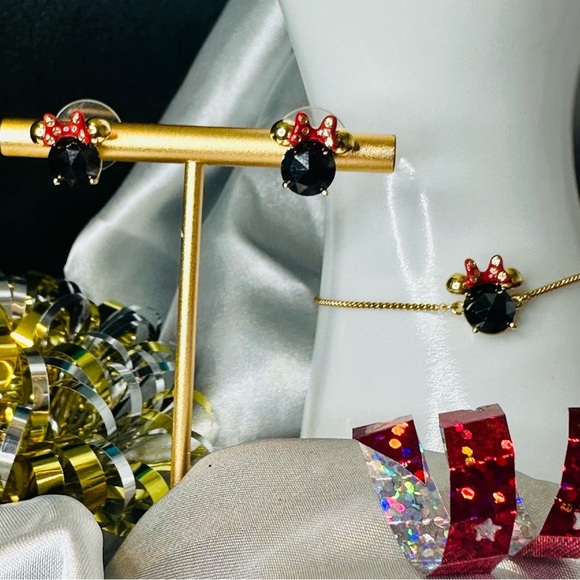NWT Disney x Kate Spade Minnie Mouse Earrings & Necklace Set | Gold Black Red CZ - Picture 1 of 12